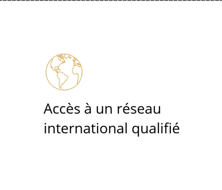 Texte : Accès à un réseau international qualifié avec un globe stylisé.